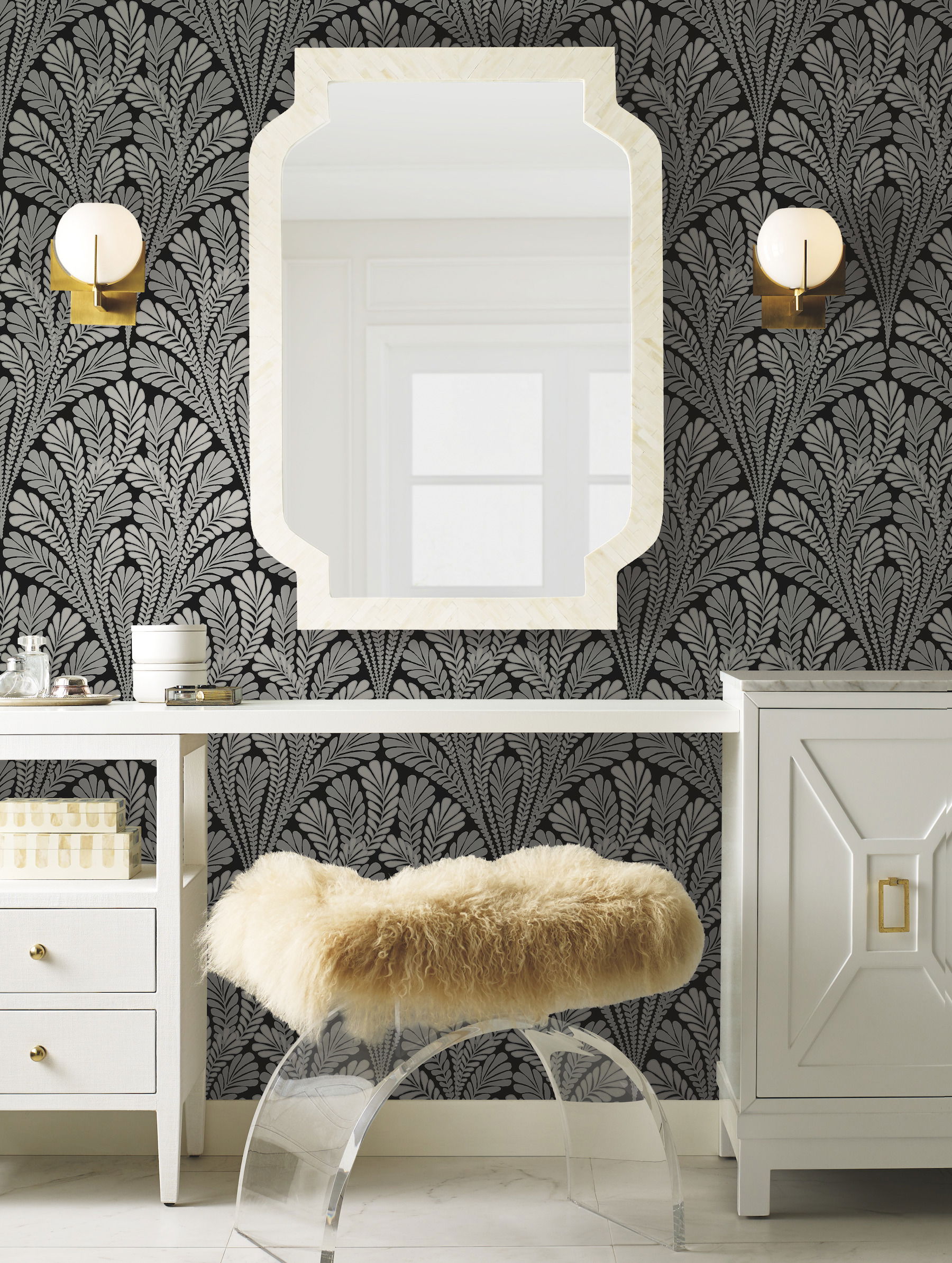 Shell Damask Black Wallpaper, by York Wall, 33' length x 1'8.5" width x 0.02" depth View 2