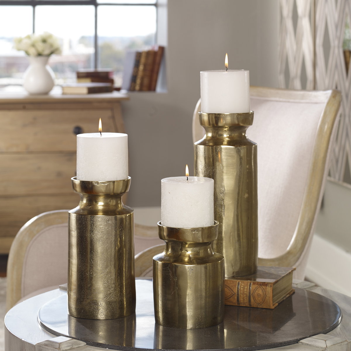 Amina Antique Brass Candleholders Set/3, Candles & Candle Holder by Uttermost, 5" width x 13" height x 5" depth View 4