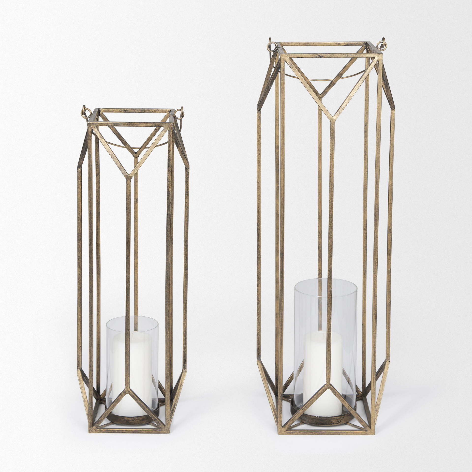 Ivy Large Gold Metal Geometric Cage Candle Holder Lantern, Lighting by Mercana, 10.24" length x 10.24" width x 36.02" height View 7