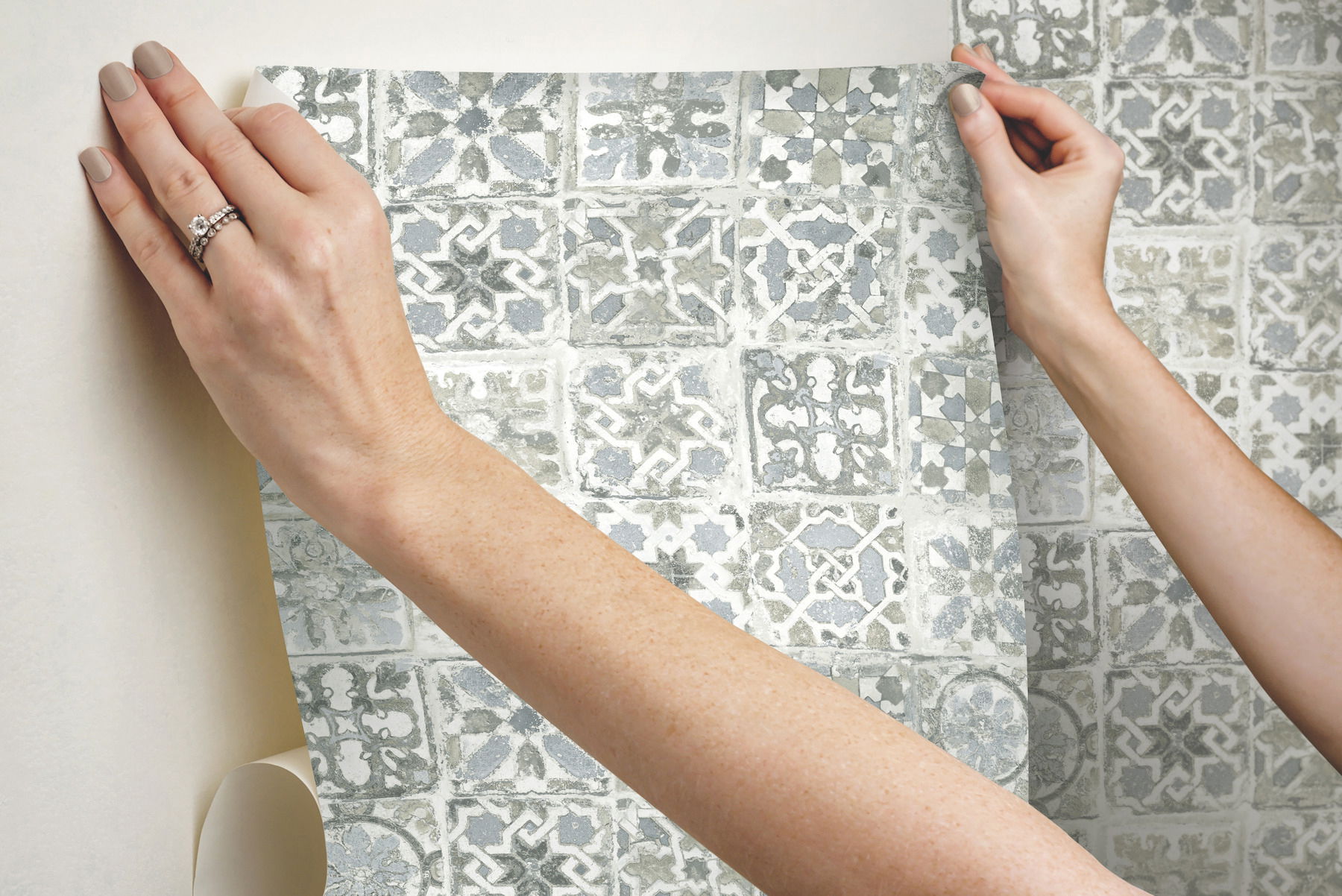 Ecaustic Tile Grey Peel & Stick Wallpaper, by York Wall, 20' length x 2'3" width x 0.02" depth View 13