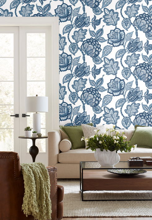 White & Blue Midsummer Jacobean Wallpaper