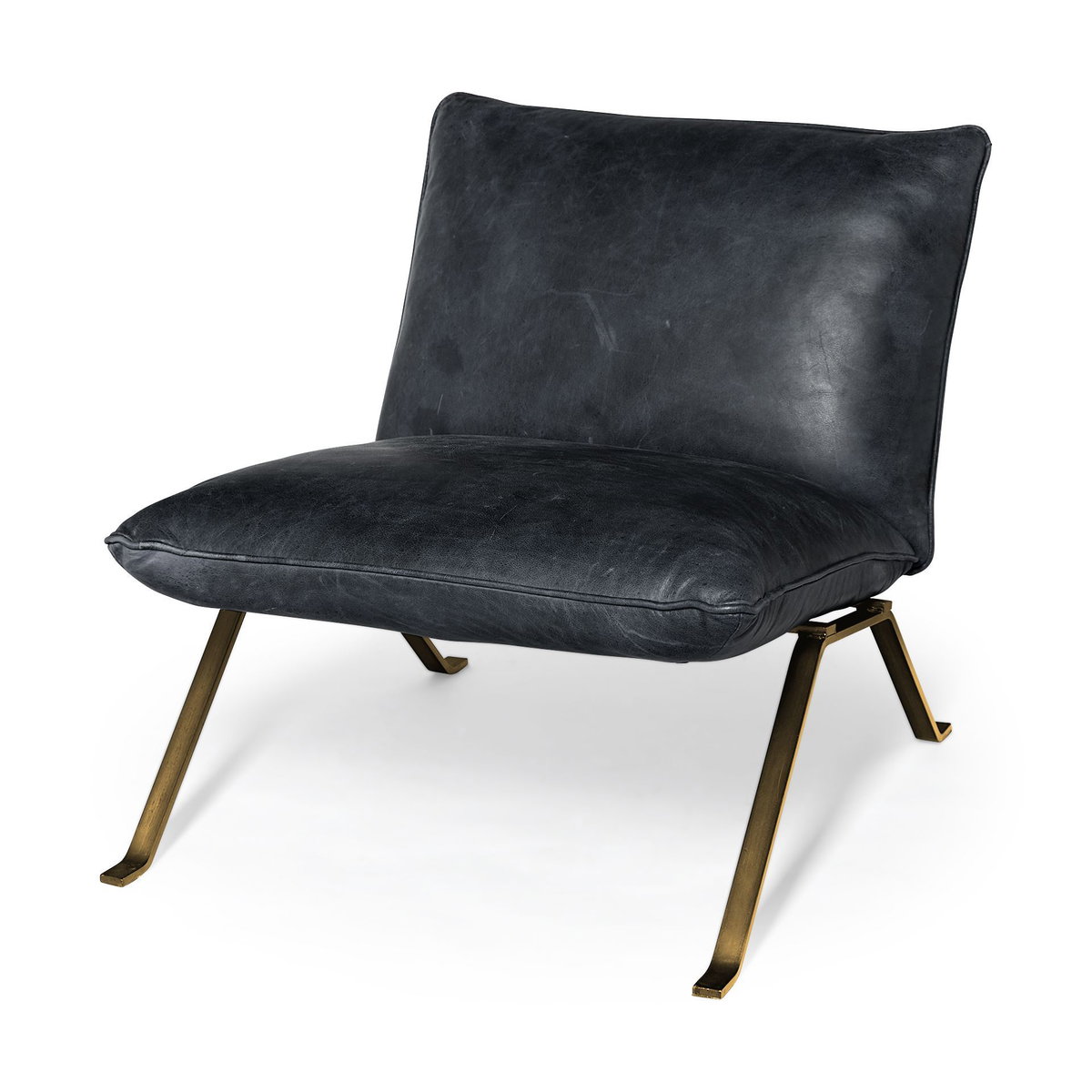 Flavelle II Black Leather Cushion Seat and Solid Iron Base Accent Chair, by Mercana, 28" length x 33.5" width x 27" height View 1