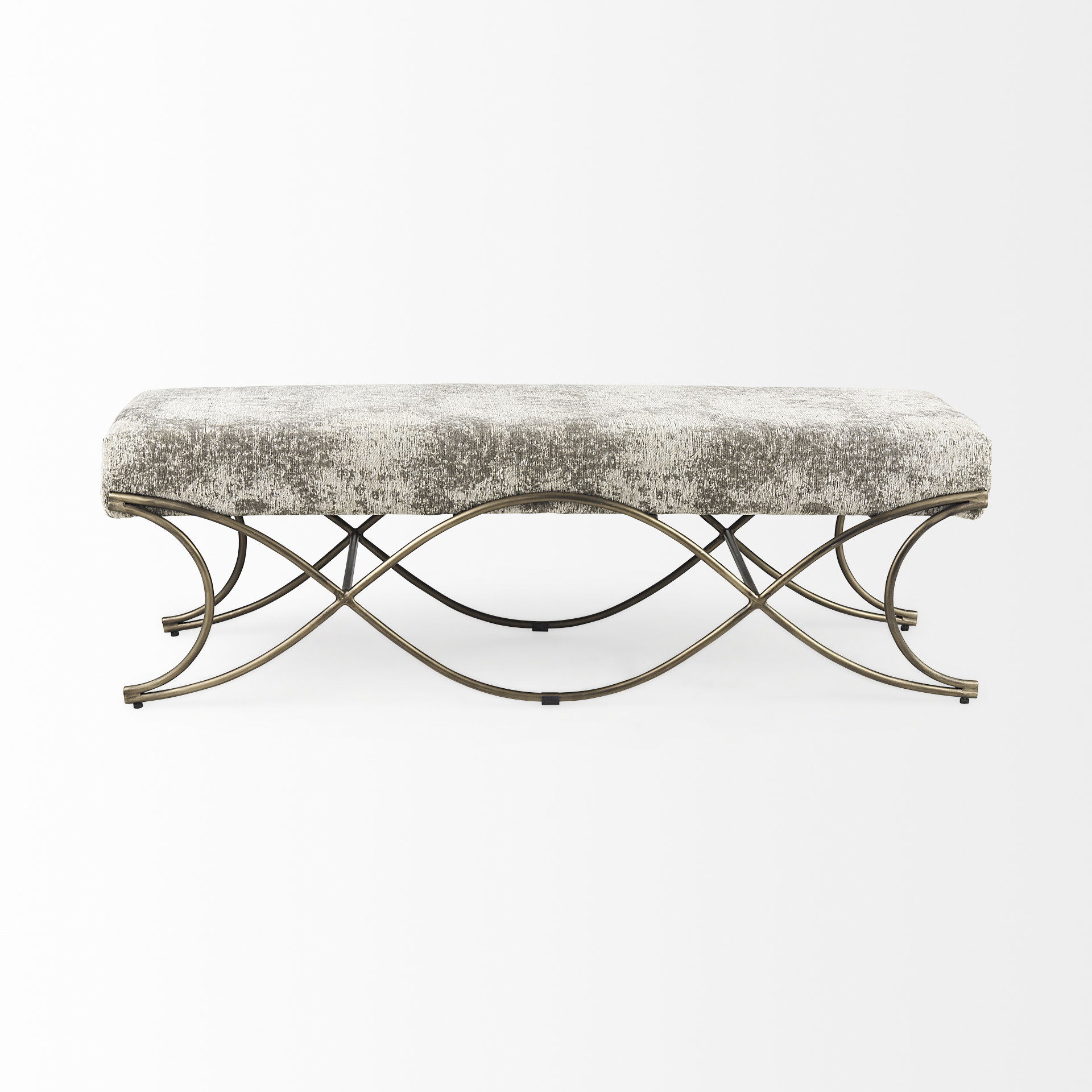 Ayla 55L x 17.6W x 18H Light and Dark Gray Fabric Seat with Antique Gold Metal Frame Bench, Benche by Mercana, 55" length x 17.6" width x 18" height View 4