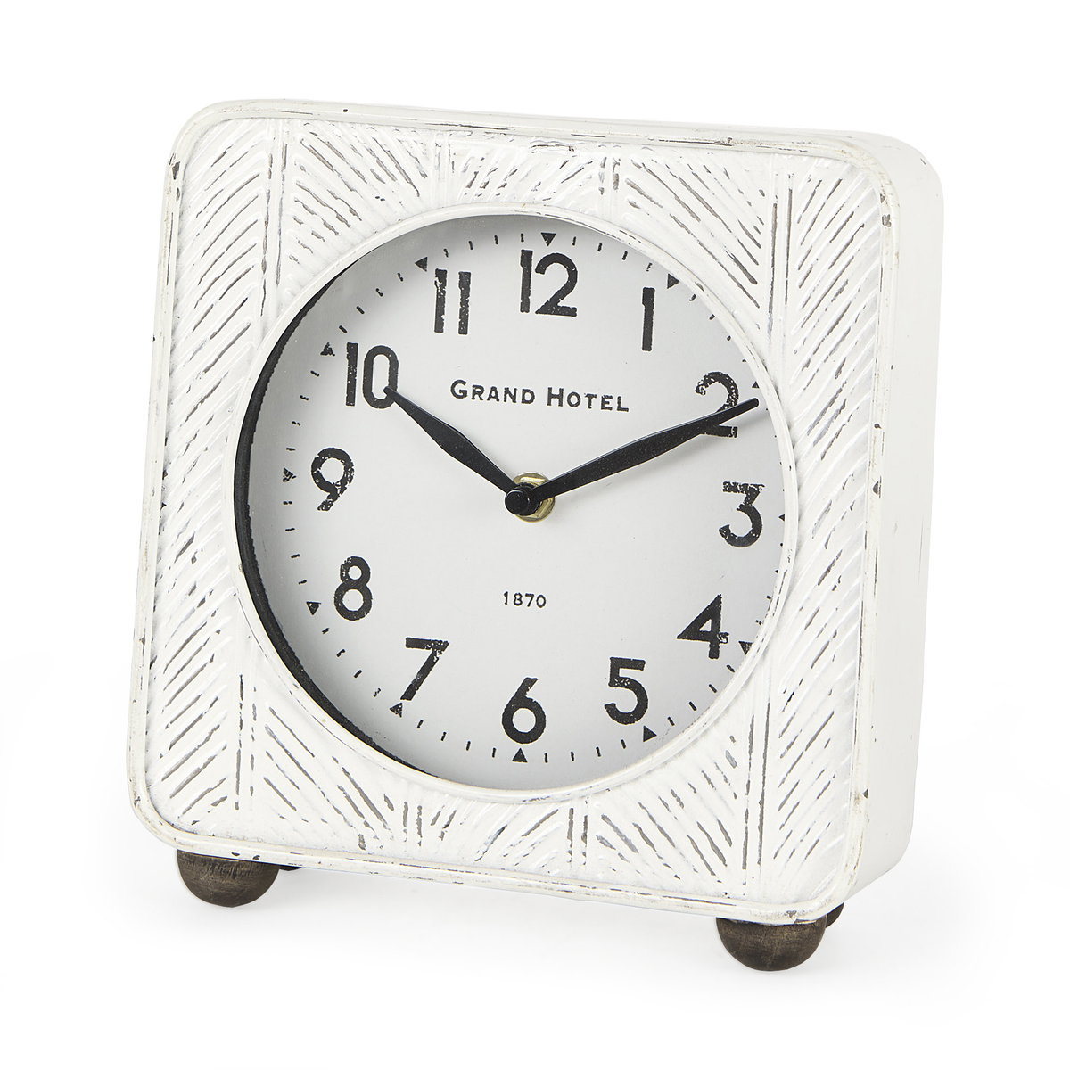 Karl  Rustic White Iron Rounded Square Table Clock, by Mercana, 8" length x 2.75" width x 8.75" height View 1