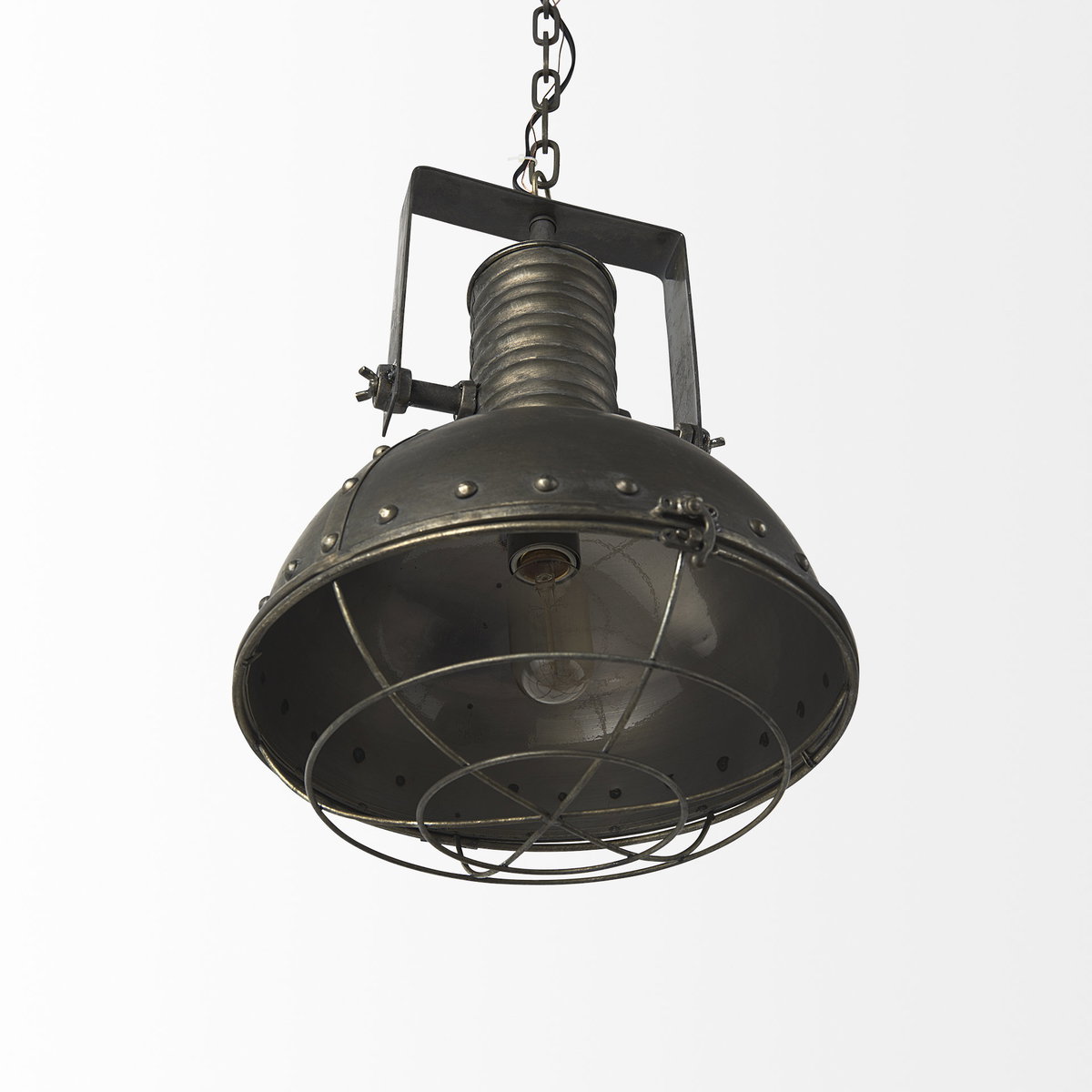 Zaio 12.5Lx 12.5W x 18.5H Weathered Antique Gold Metal Caged Bulb Pendant Light, by Mercana, 12.5" length x 12.5" width x 18.5" height View 6