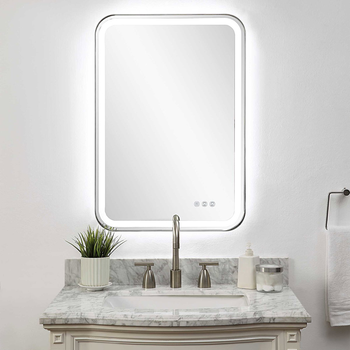 Crofton Lighted Nickel Vanity Mirror, by Uttermost, 1'10.25" width x 2'8.25" height x 2.12" depth View 2