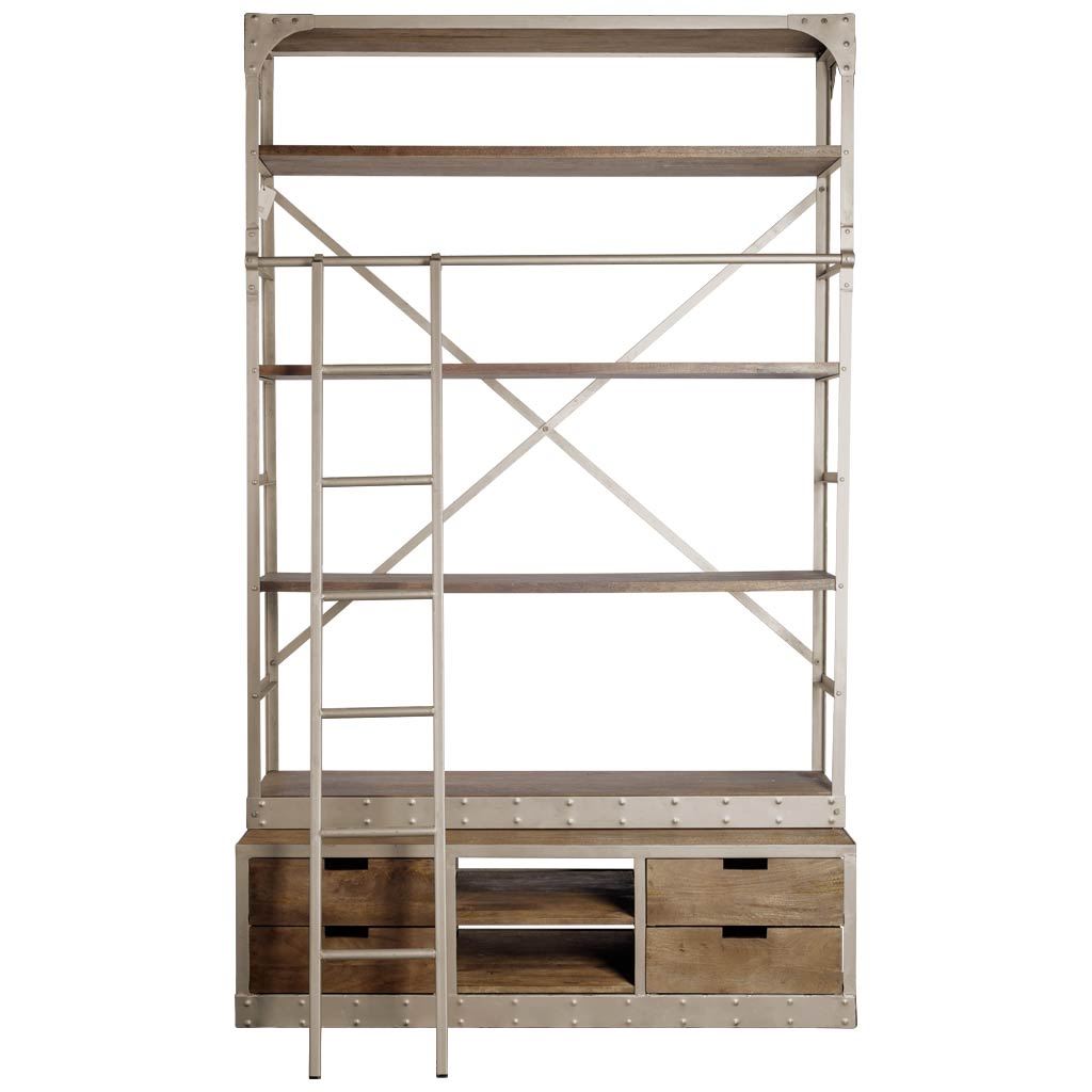 Brodie VI 57L x 20.5W x 94H Light Brown Wood Nickle Ladder Four Shelf Shelving Unit, Shelving & Bookcase by Mercana, 57" length x 20.5" width x 94" height View 1