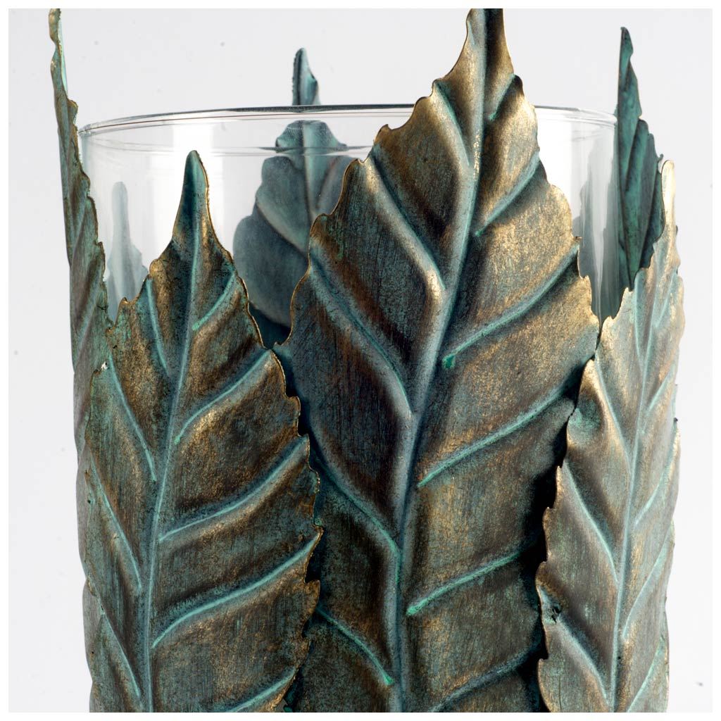 Pana II Large Green/Gold Metal Leaf Table Candle Holder, Candles & Candle Holder by Mercana, 6.3" length x 6.3" width x 9.4" height View 3