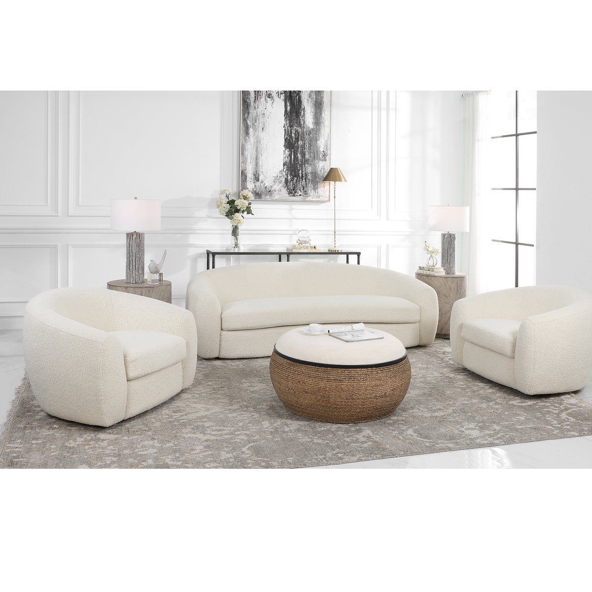 Capra Art Deco White Swivel Chair, Accent Chair by Uttermost, 43" width x 28" height x 37" depth View 5