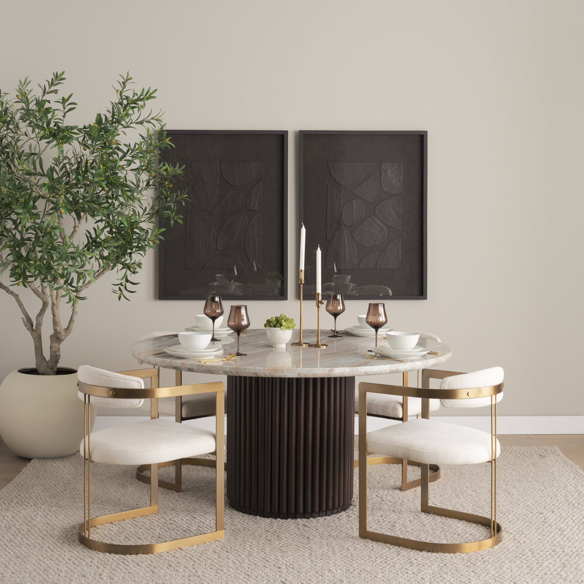 Hollyfield Curved Back Dining Arm Chair | Cream Fabric with Gold Iron, Dining Chair by Mercana, 20.5" length x 21.3" width x 29.5" height View 2