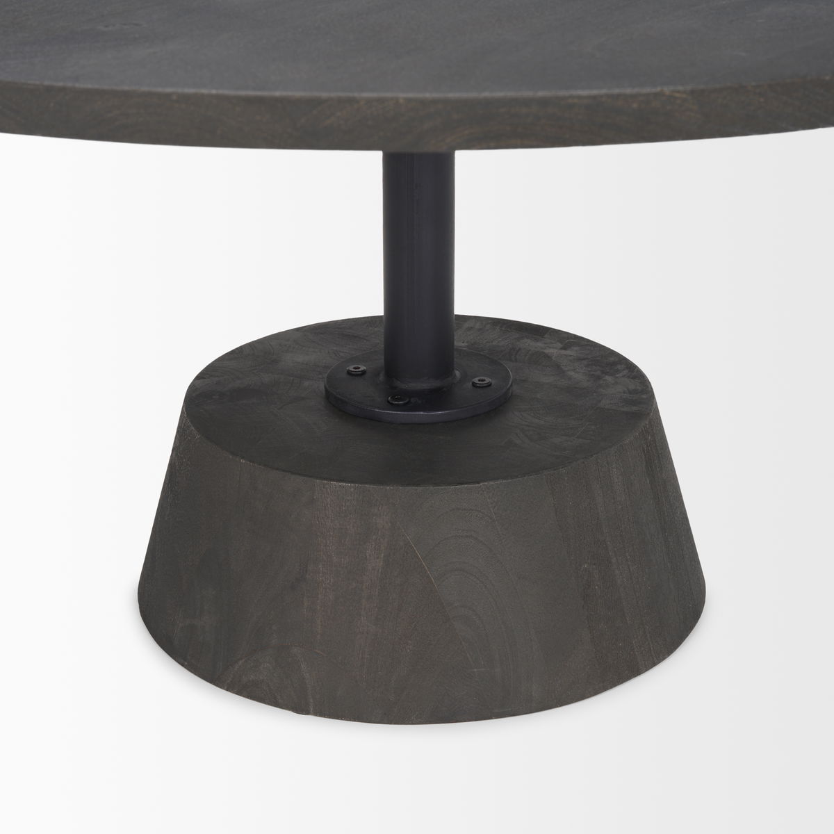 Maxwell 34' Dark Brown Wood with Black Metal Pedestal Base Round Coffee Table, by Mercana, 34" length x 34" width x 16" height View 9