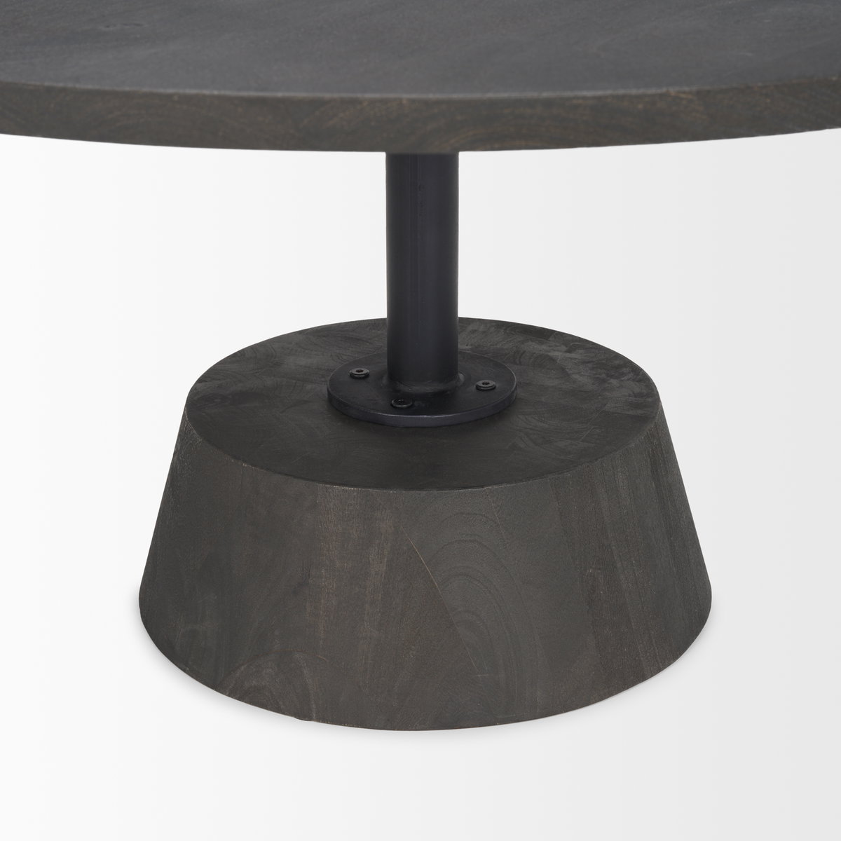 Maxwell 34L x 34W x 16H Dark Brown Wood with Black Metal Pedestal Base Round Coffee Table, by Mercana, 34" length x 34" width x 16" height View 9