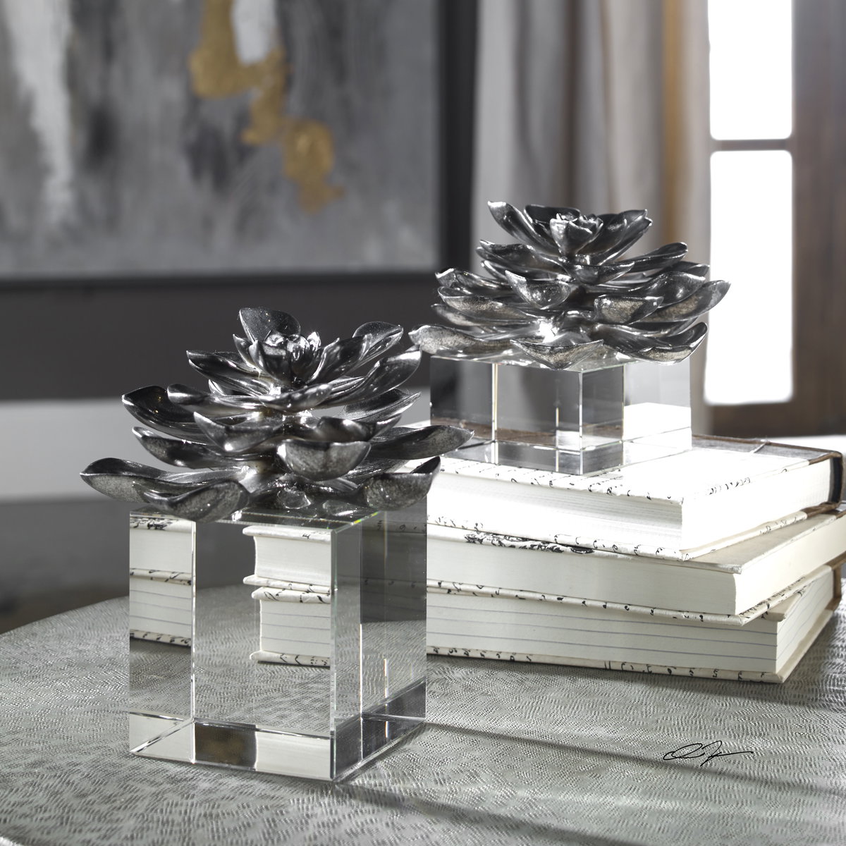 Indian Lotus Metallic Silver Flowers Set/2, Decorative by Uttermost, 6.25" width x 7" height x 6.25" depth View 5