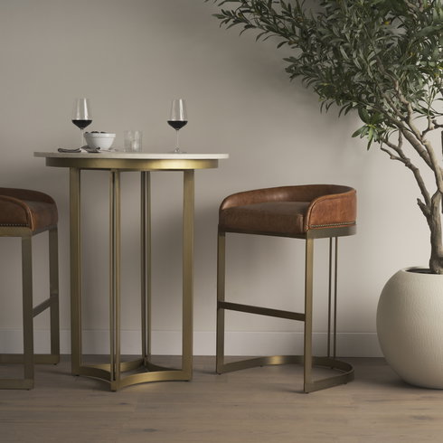 Tanner 32"L x 32"W Pedestal Dining Table | White Marble & Matte Gold | Seats 2