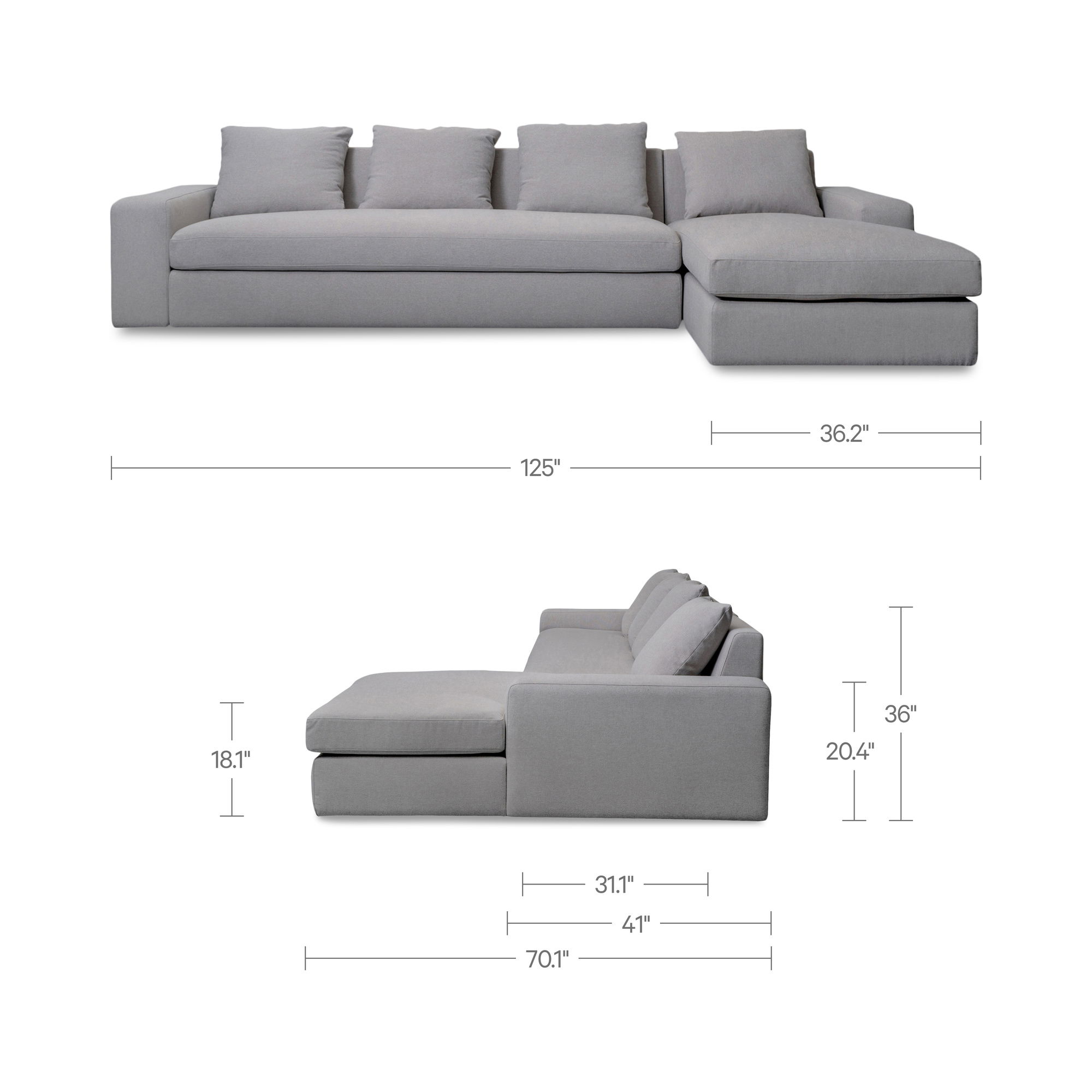 Thomas Right Sectional Grey, Sectional Sofa by Moe's Home, 125" width x 36" height x 41" depth View 10
