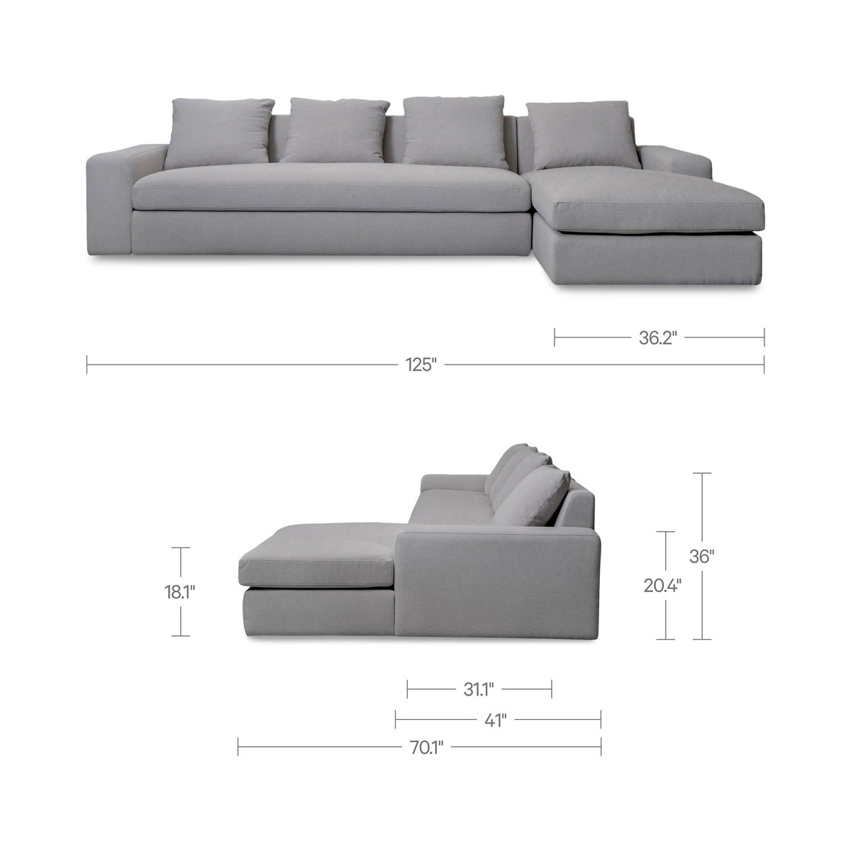 Thomas Right Sectional Grey, Sectional Sofa by Moe's Home, 125" width x 36" height x 41" depth View 10
