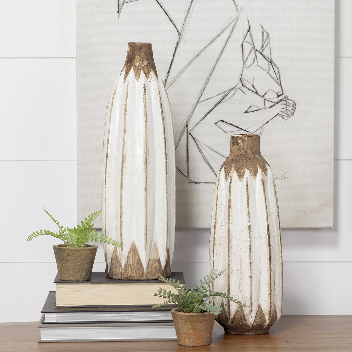 Sisko I Short Rustic Brown White Ceramic Vase, by Mercana, 4.92" length x 4.92" width x 13.98" height View 3