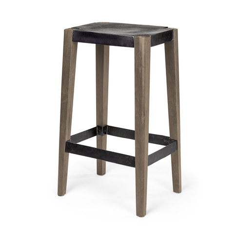 Nell Backless 30in Seat Bar Stool | Black Metal with Light Brown Wood