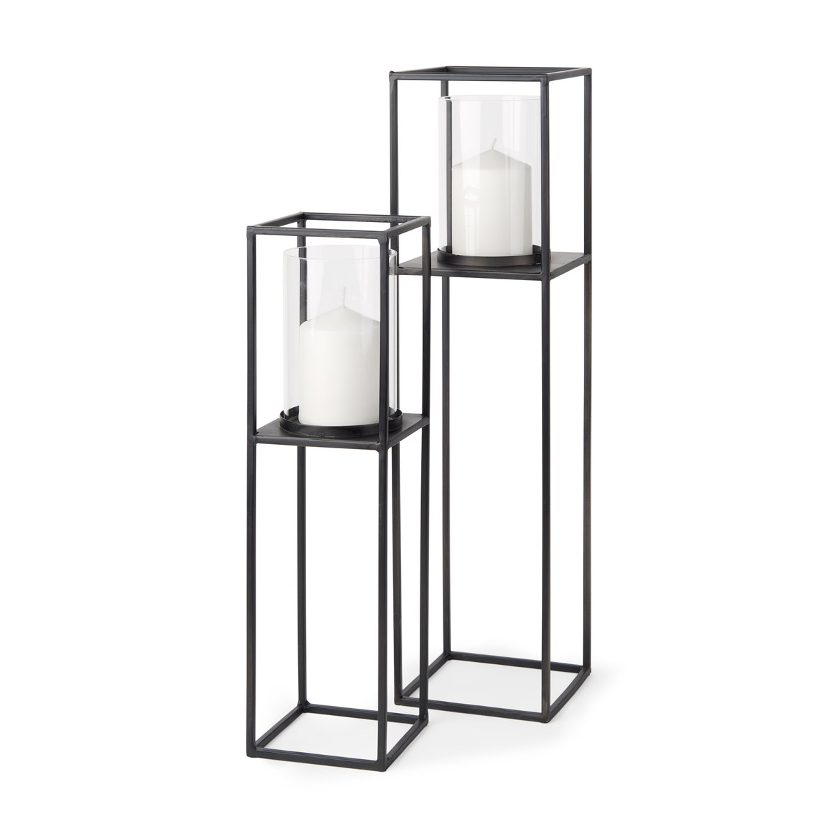 Cindy Set of 2 Matte Black Metal and Hurricane Glass Pillar Tabletop Candle Holders, Candles & Candle Holder by Mercana, 5.91" length x 5.91" width x 23.03" height View 1