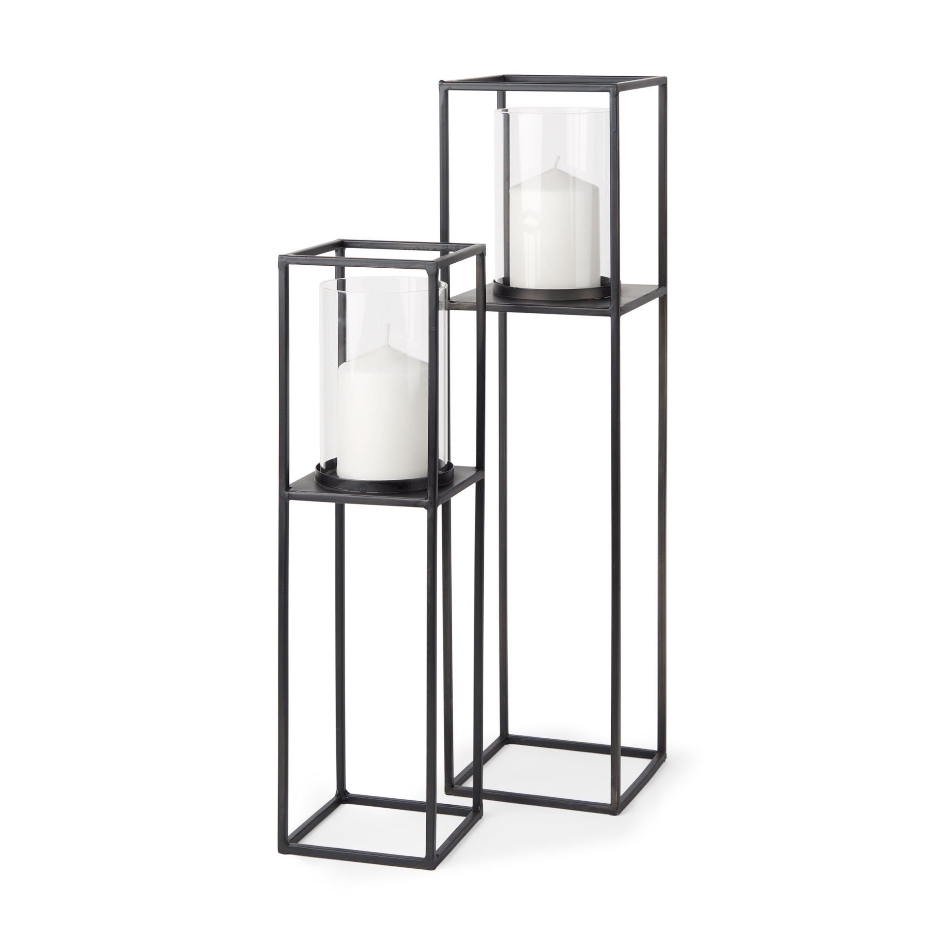 Cindy Set of 2 Matte Black Metal and Hurricane Glass Pillar Tabletop Candle Holders large image 