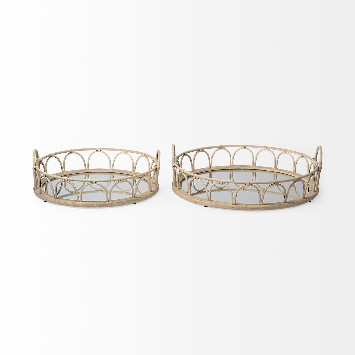 Leona (Set of 2) Natural Wicker Woven Mirrored Base Nesting Trays, Decorative Tray by Mercana, 19.29" length x 18.9" width x 5.71" height View 6