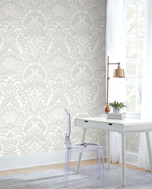 Egret Damask Green Wallpaper