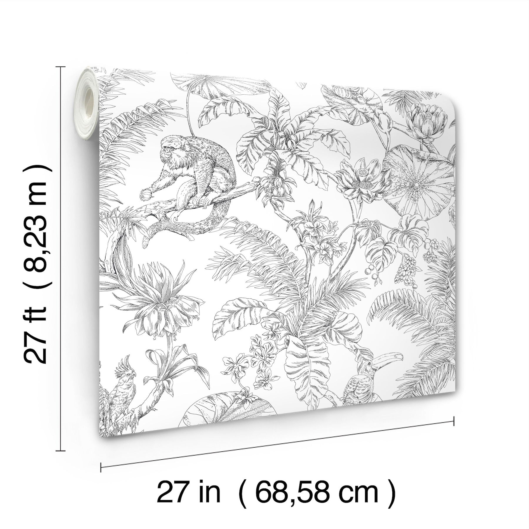 Tropical Sketch Toile Black Wallpaper large image 