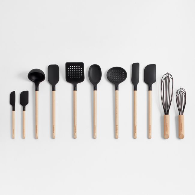 Online Designer Kitchen Crate & Barrel Wood and Black Silicone Utensils, Set of 11