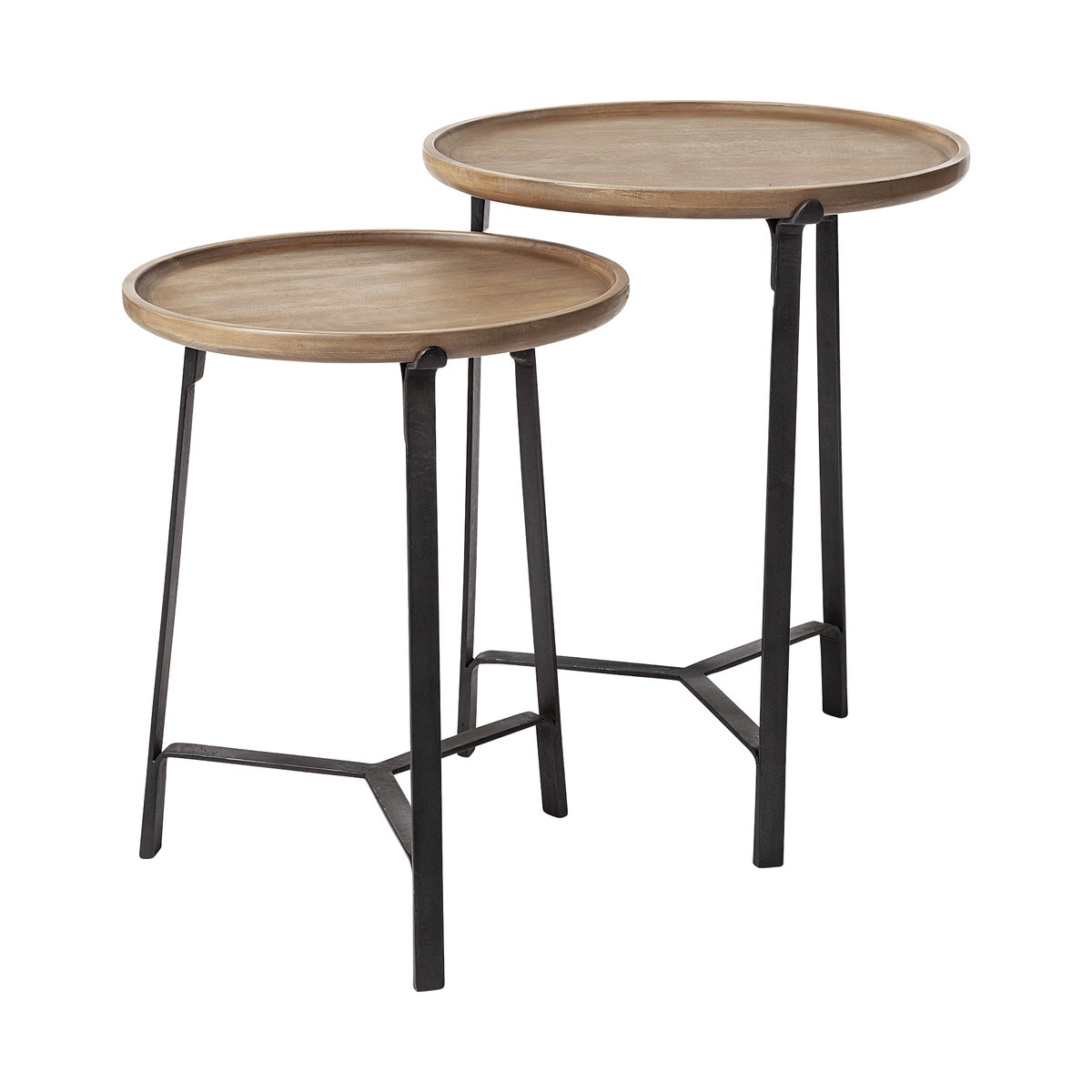 Helios III 20L x 24H Set of Two Round Brown Solid Wood Iron Base Nesting End/Side Tables, Side & End Table by Mercana, 20" length x 20" width x 24" height View 1