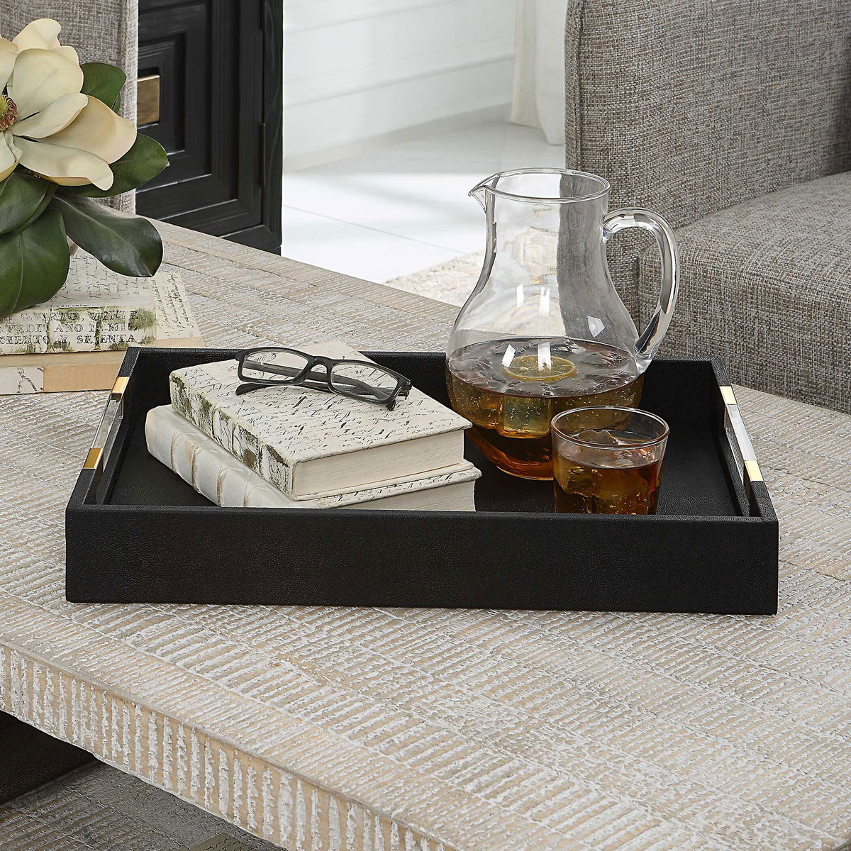 Wessex Black Shagreen Tray, Decorative Tray by Uttermost, 19" width x 2.62" height x 13.87" depth View 7