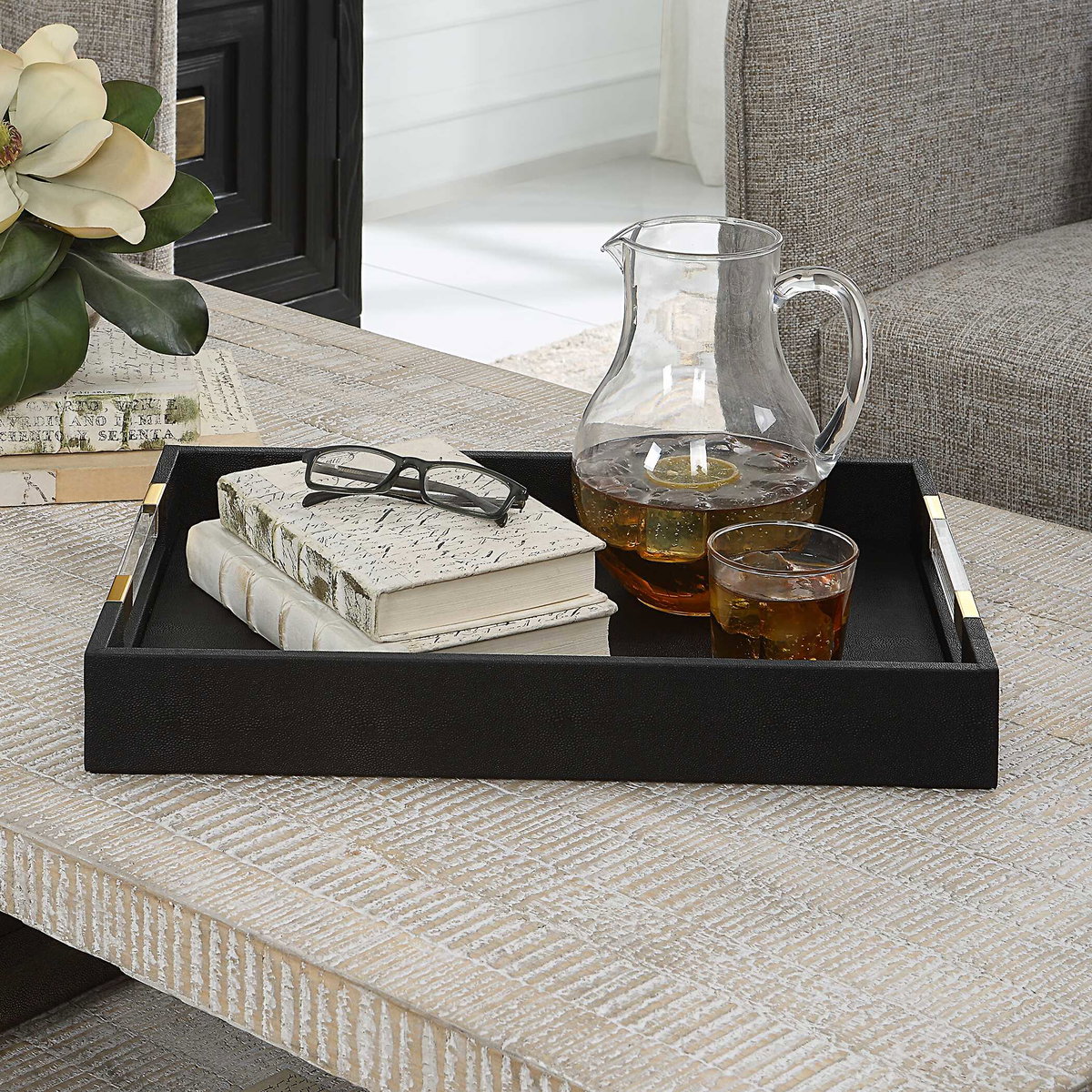 Wessex Black Shagreen Tray, Decorative by Uttermost, 19" width x 2.62" height x 13.87" depth View 7