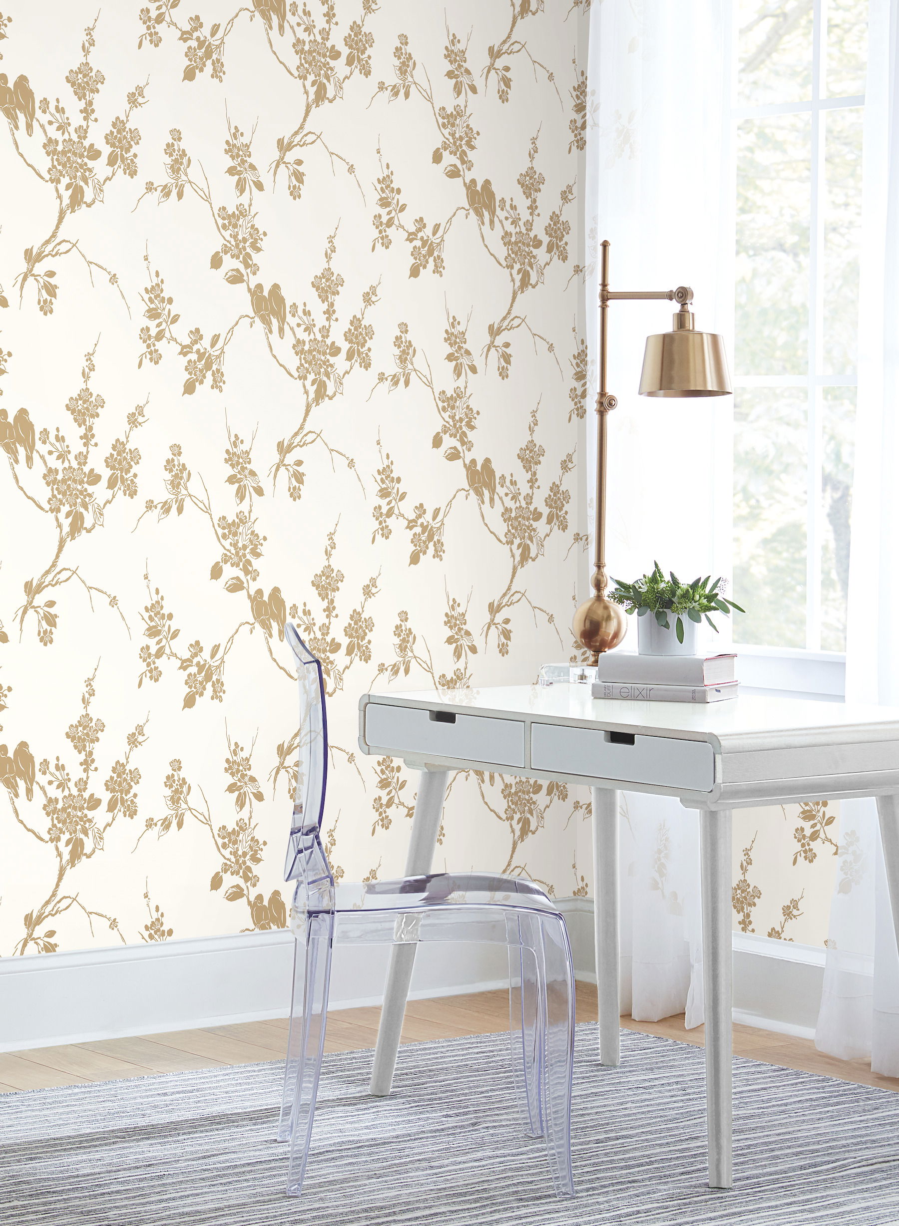 Imperial Blossoms Branch Gold Metallic Wallpaper large image 