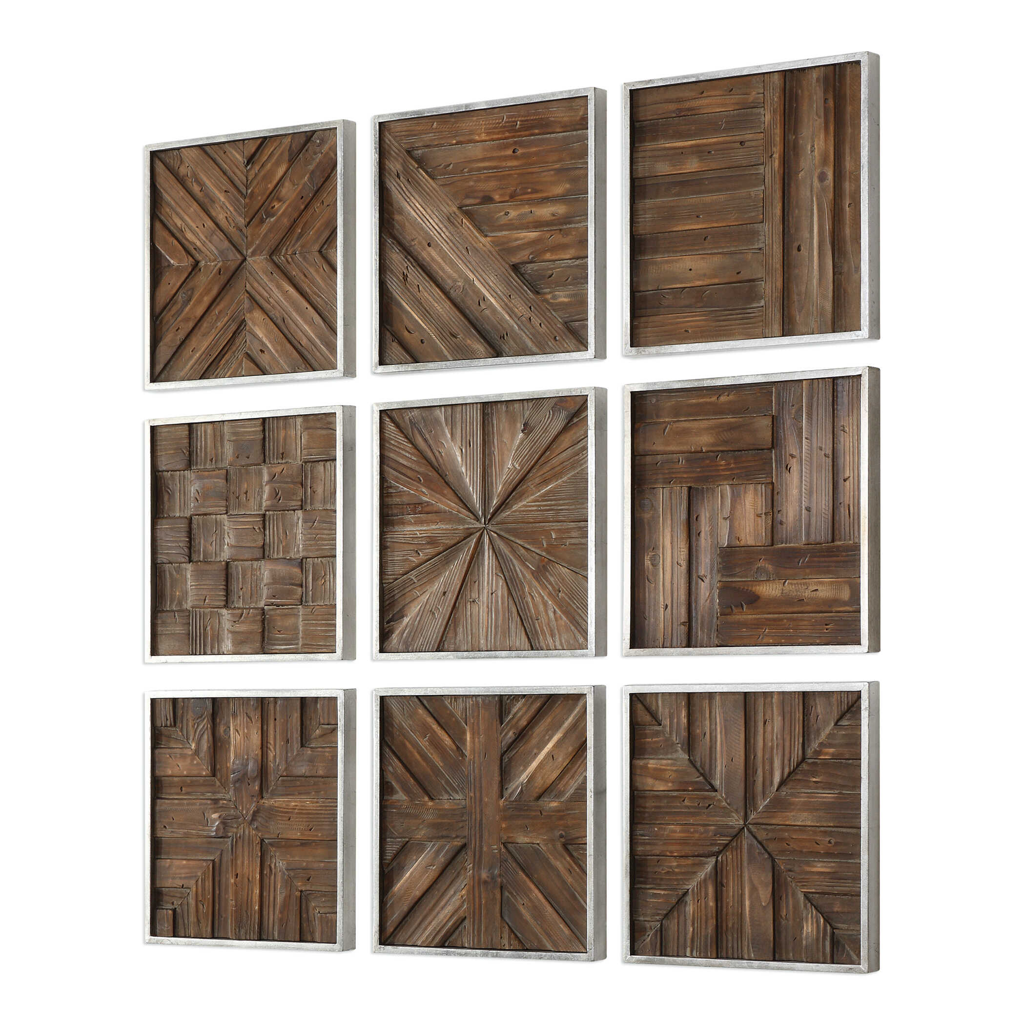 Bryndle Rustic Wooden Squares Set/9, Sculptural Wall Art by Uttermost, 12.5" width x 12.5" height x 1.25" depth View 4