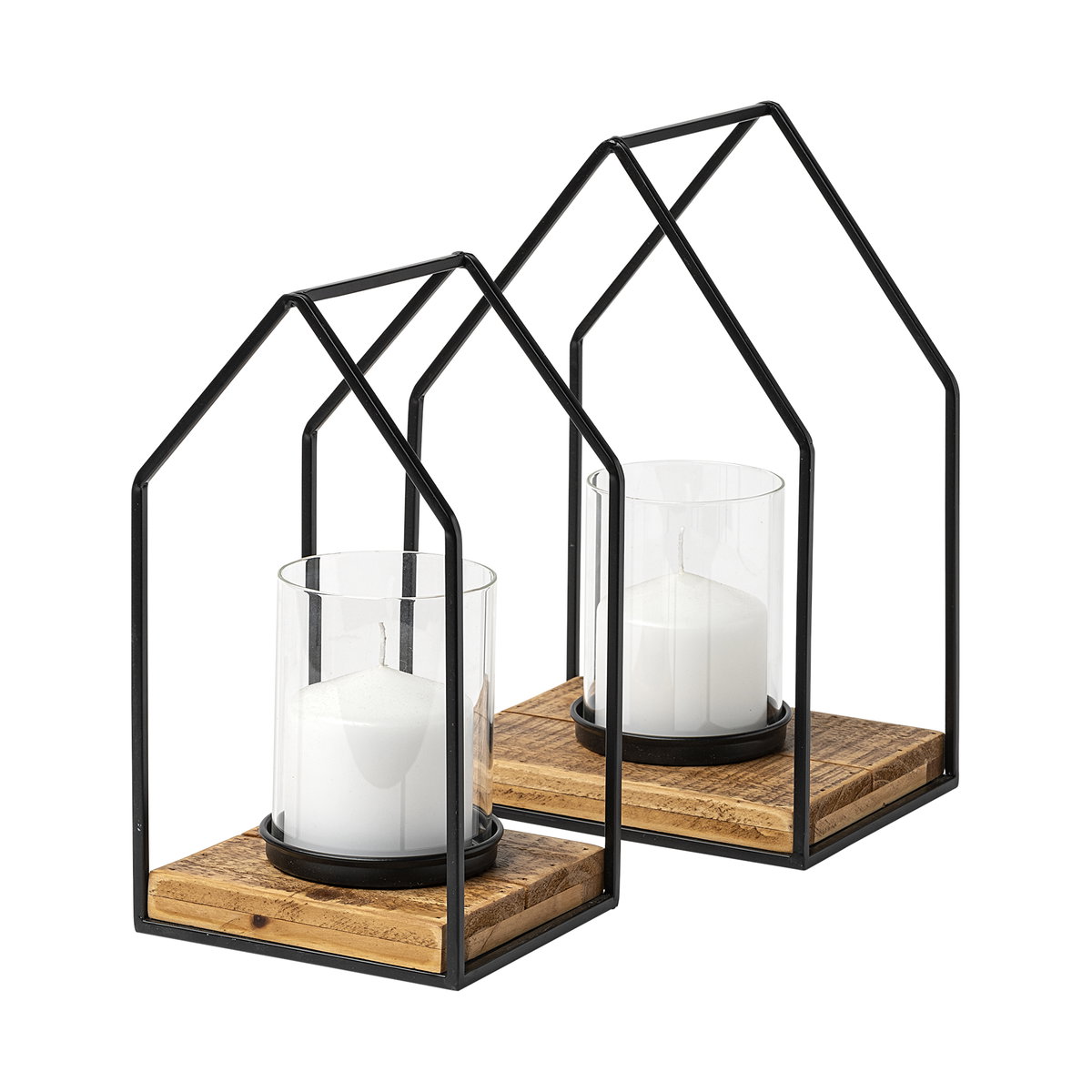 Leopold Set of Two Black Metal Wooden Base Table Candle Holders, Candles & Candle Holder by Mercana, 8" length x 5.91" width x 11.81" height View 1