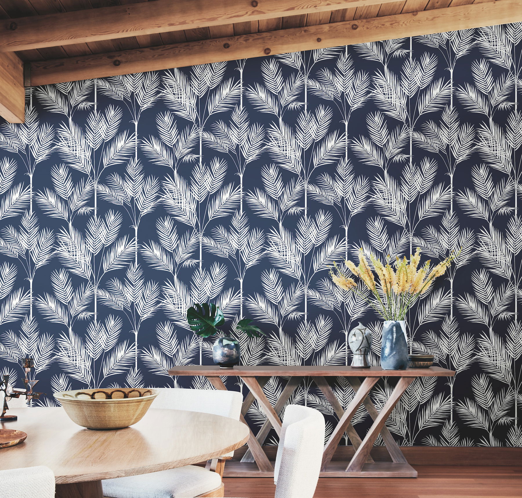 King Palm Silhouette Navy Wallpaper large image 