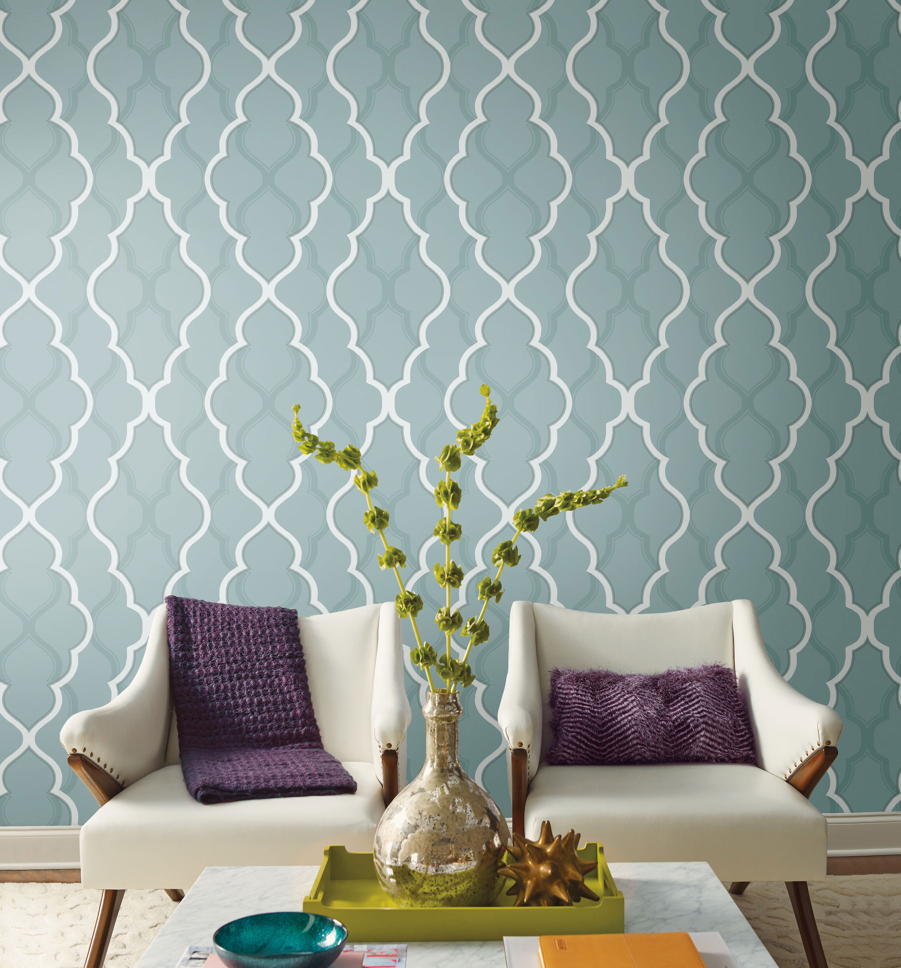 Double Damask Teal Wallpaper, by York Wall, 27' length x 2'3" width x 0.02" depth View 2