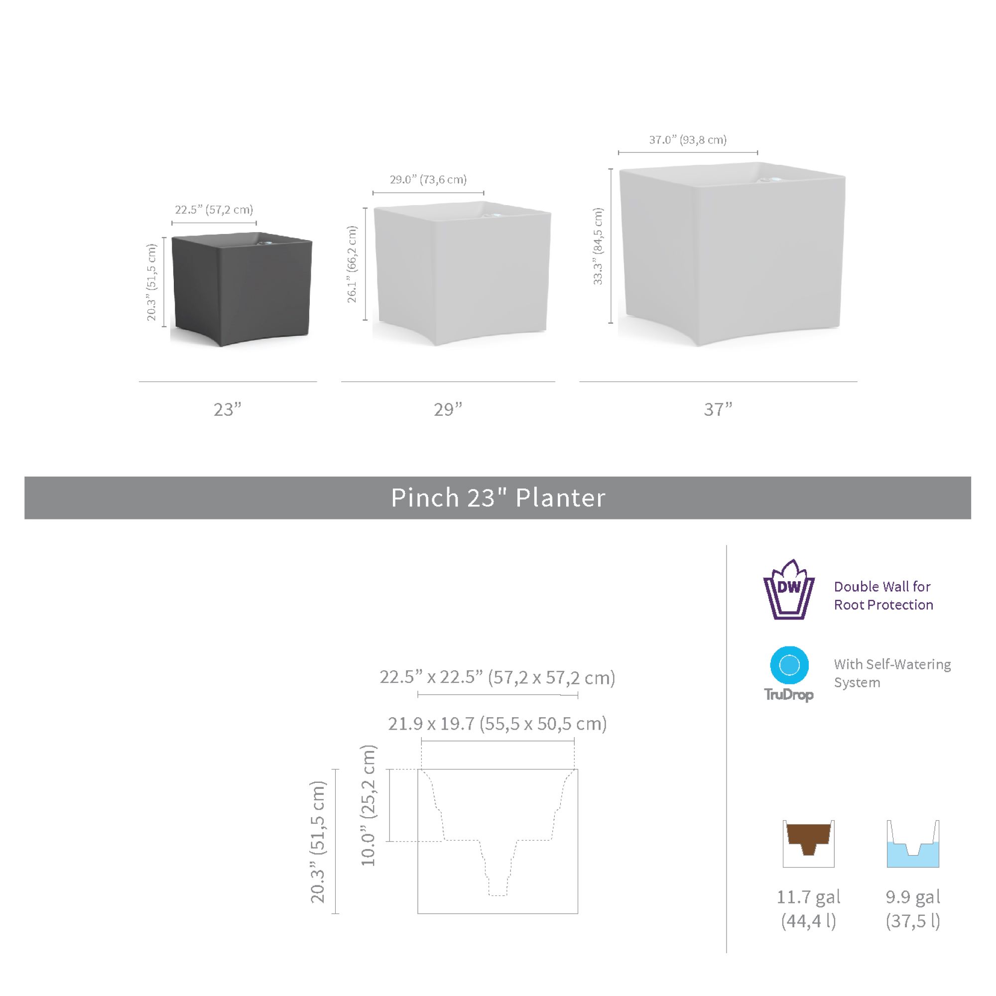 TruDrop Pinch Self Watering Square Planter, by Crescent Garden, 22.52" width x 20" height x 22.52" depth View 5