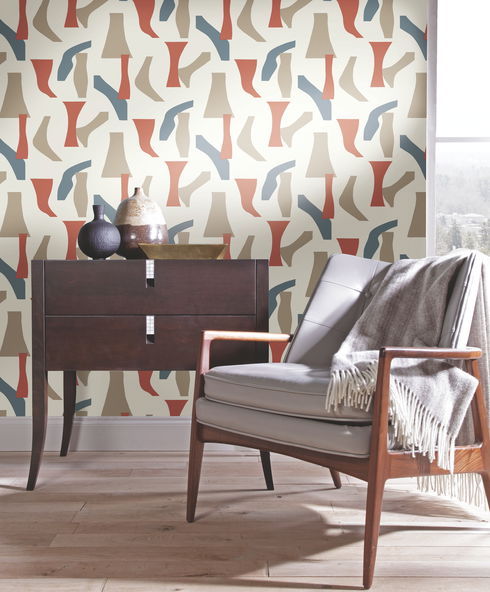 Modernist Coral & Blue Peel & Stick Wallpaper