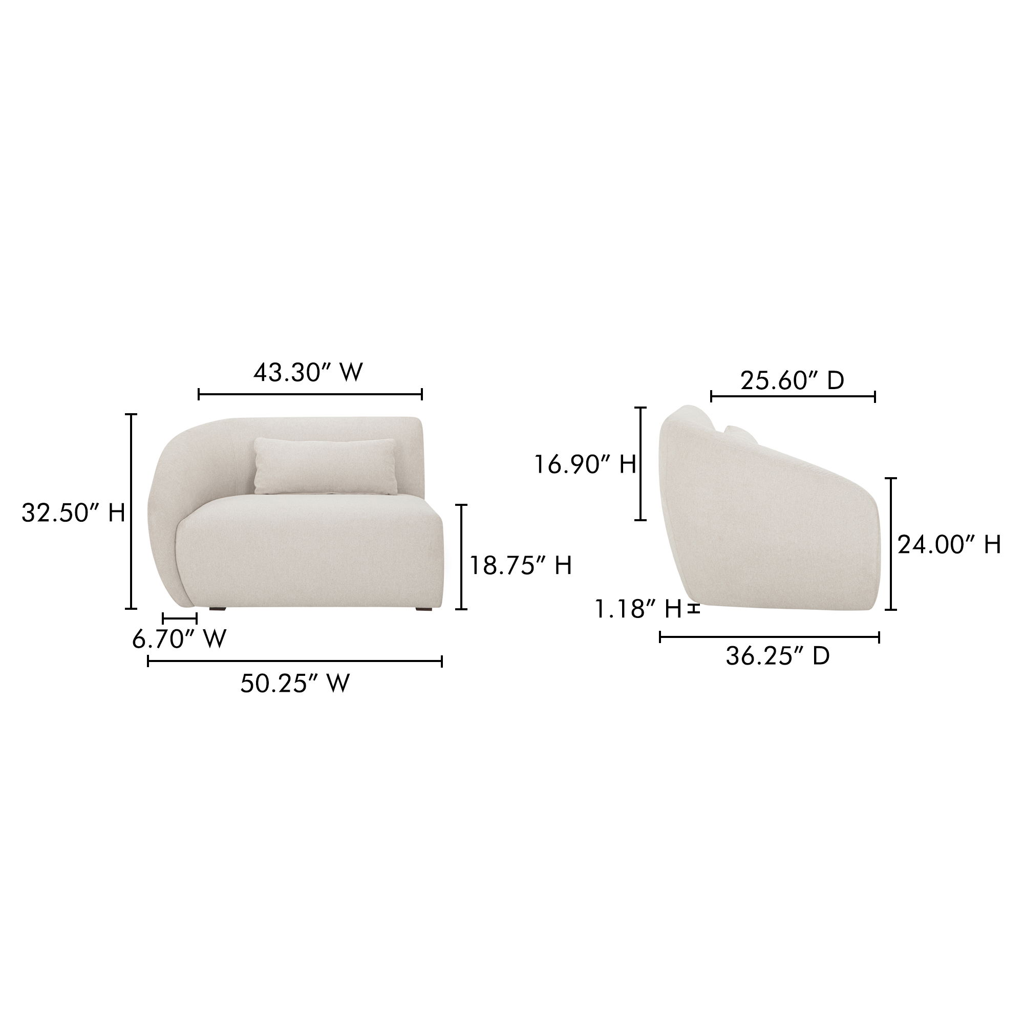 Amelia Left Arm Facing Chair Warm White, Sectional Sofa by Moe's Home, 50.25" width x 32.5" height x 36.25" depth View 9
