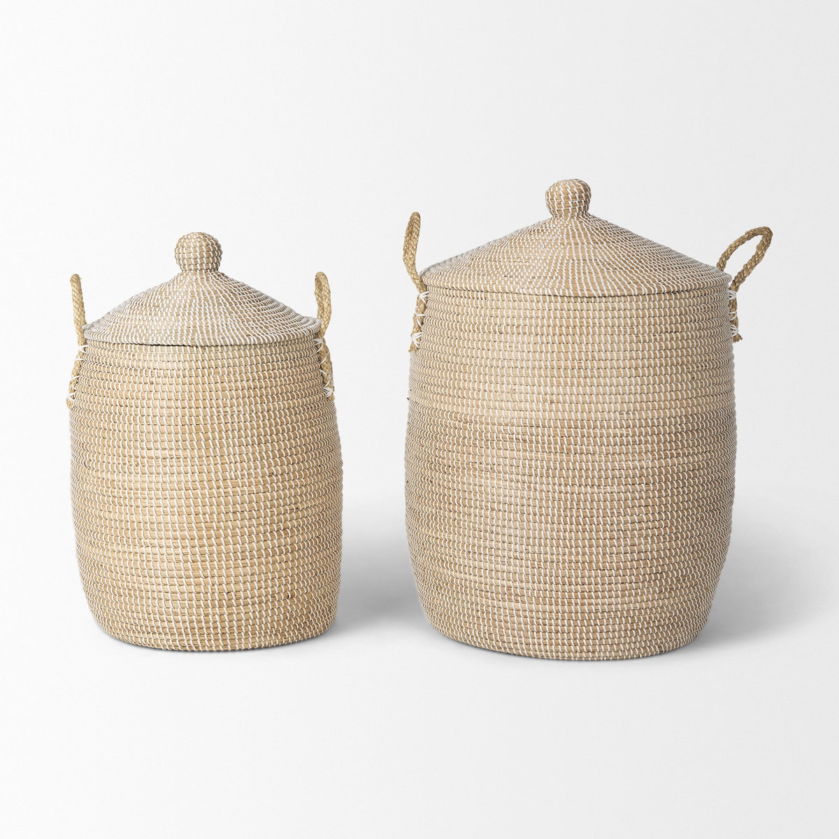 Kairi Set of 2 Seagrass Floor Baskets with Lids and Handles, Bins & Basket by Mercana, 20.87" length x 20.87" width x 29.92" height View 4