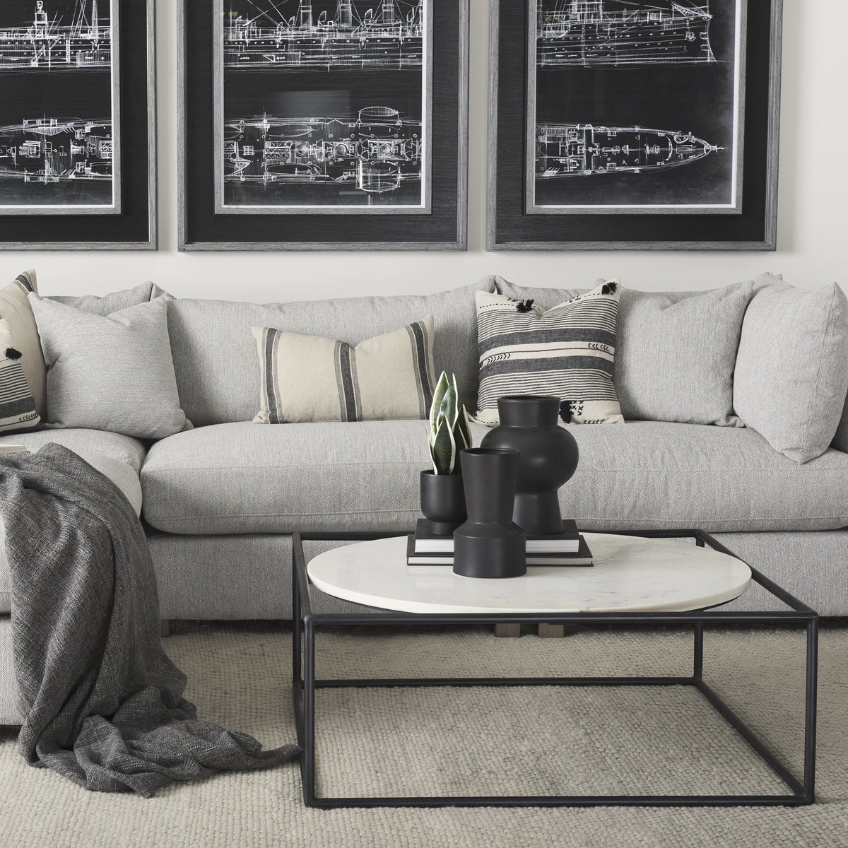 Austen 36L x 36W x 14.5H Round White Marble Top with Black Metal Frame Coffee Table, by Mercana, 36" length x 36" width x 14" height View 3