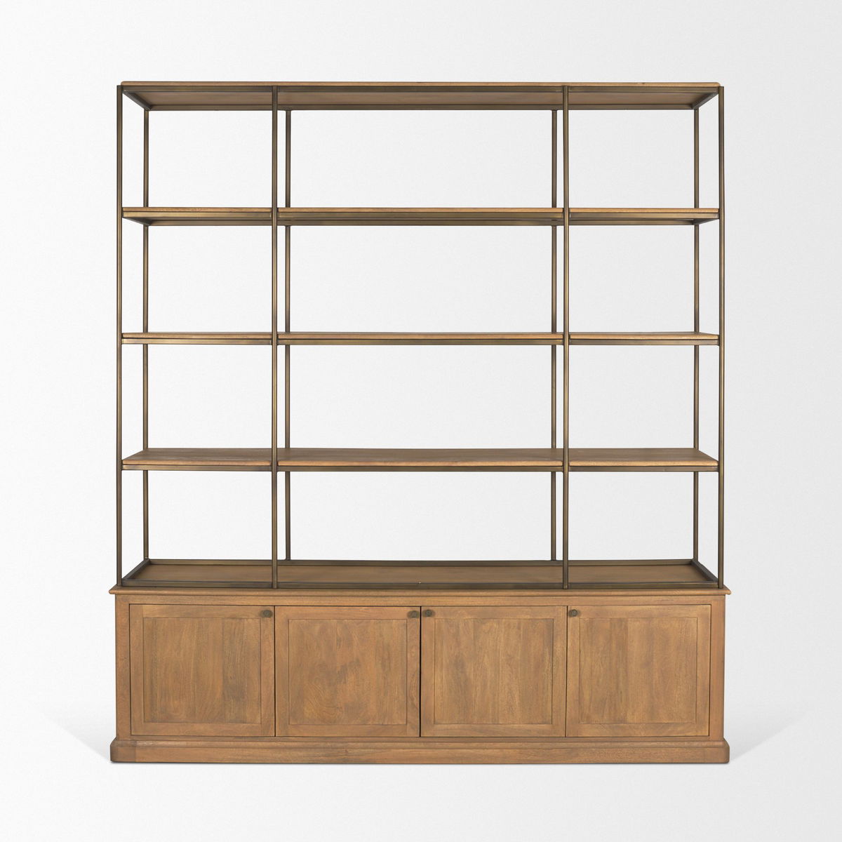 Baron 4-Door Light Brown Wood with Gunmetal Open Shelving Unit, Shelving & Bookcase by Mercana, 81.75" length x 19" width x 90" height View 6