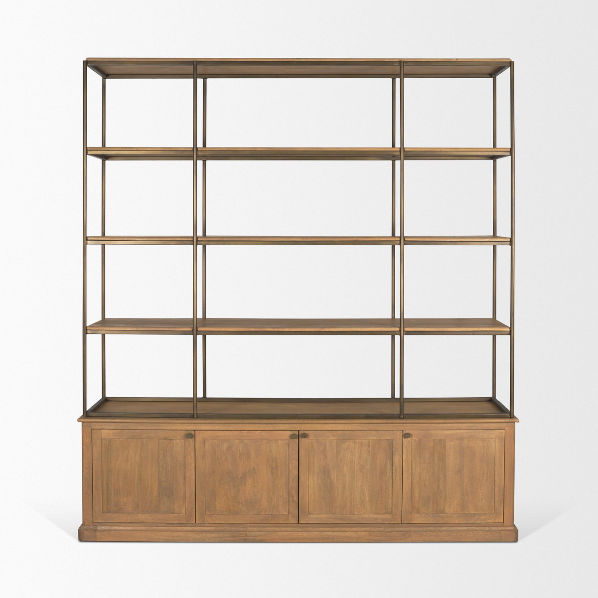 Baron 4-Door Light Brown Wood with Gunmetal Open Shelving Unit, Shelving & Bookcase by Mercana, 81.75" length x 19" width x 90" height View 6