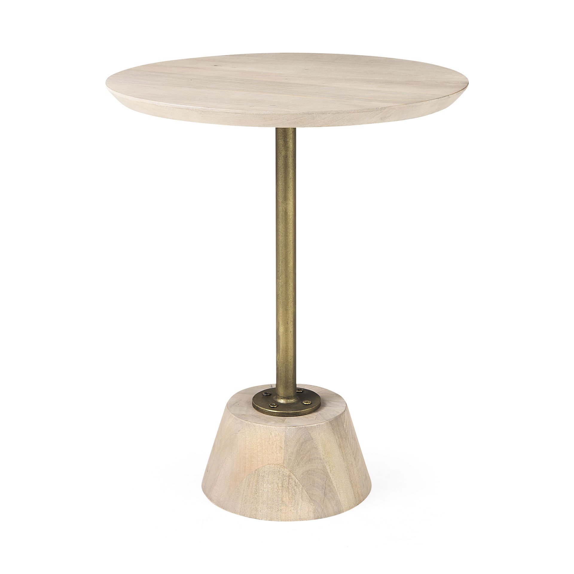 Maxwell 20' Round Light Brown Wood with Gold Metal Pedestal Side Table, Side & End Table by Mercana, 20" length x 20" width x 24" height View 1