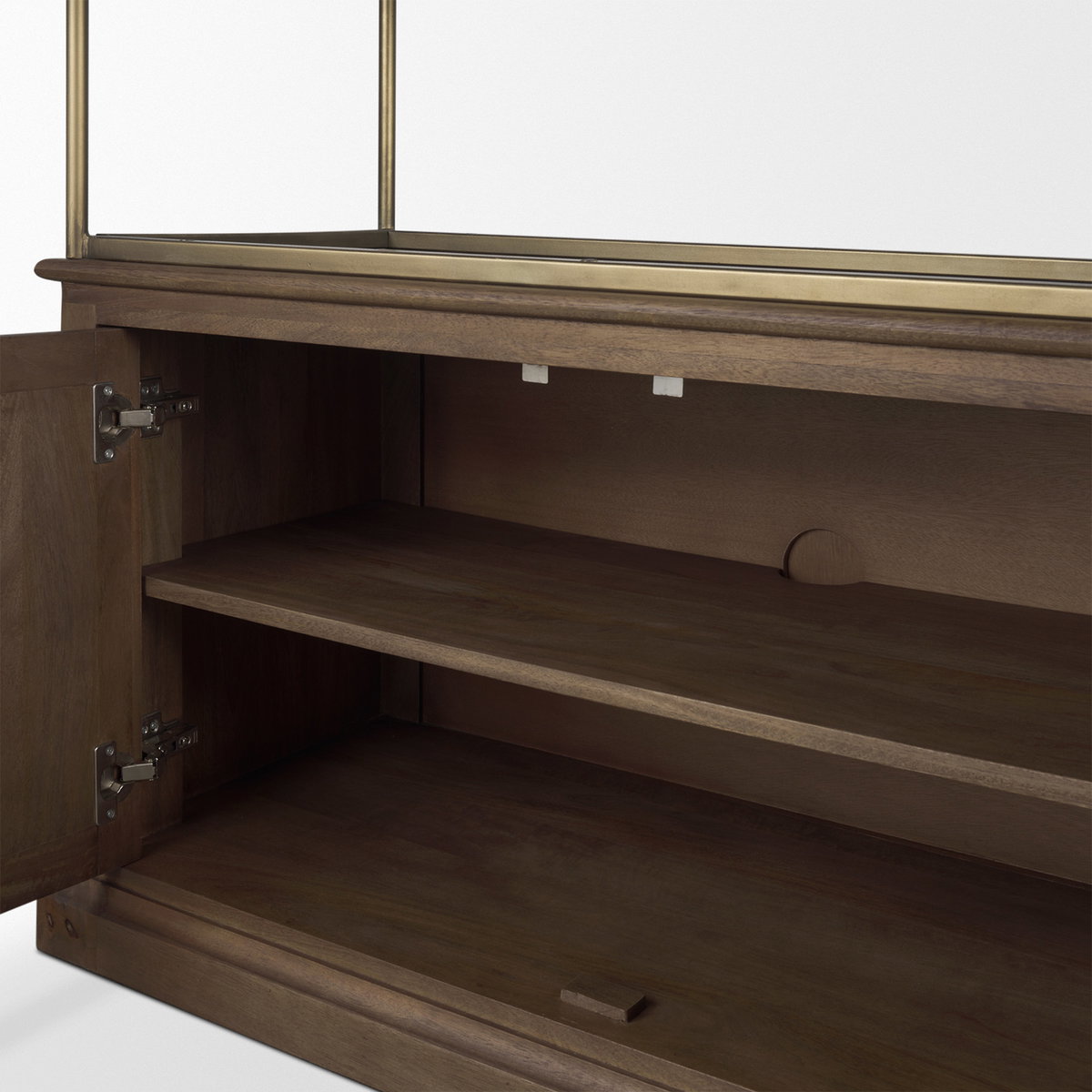 Baron Dark Brown Wood with Antiqued Aged Brass Metal 2-Door Open Shelving Unit, Shelving & Bookcase by Mercana, 41.75" length x 19" width x 90" height View 12