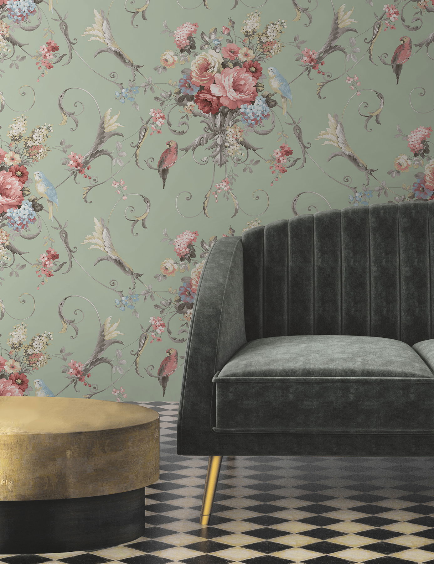 Parrots with Floral Bouquets Eucalyptus Peel & Stick Wallpaper large image 