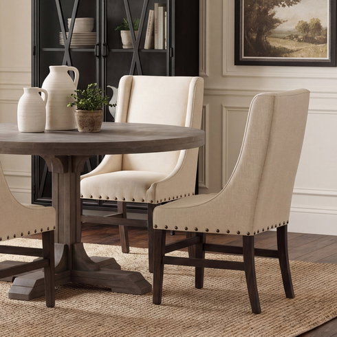 Kensington High-Back Dining Side Chair | Cream Fabric with Wood