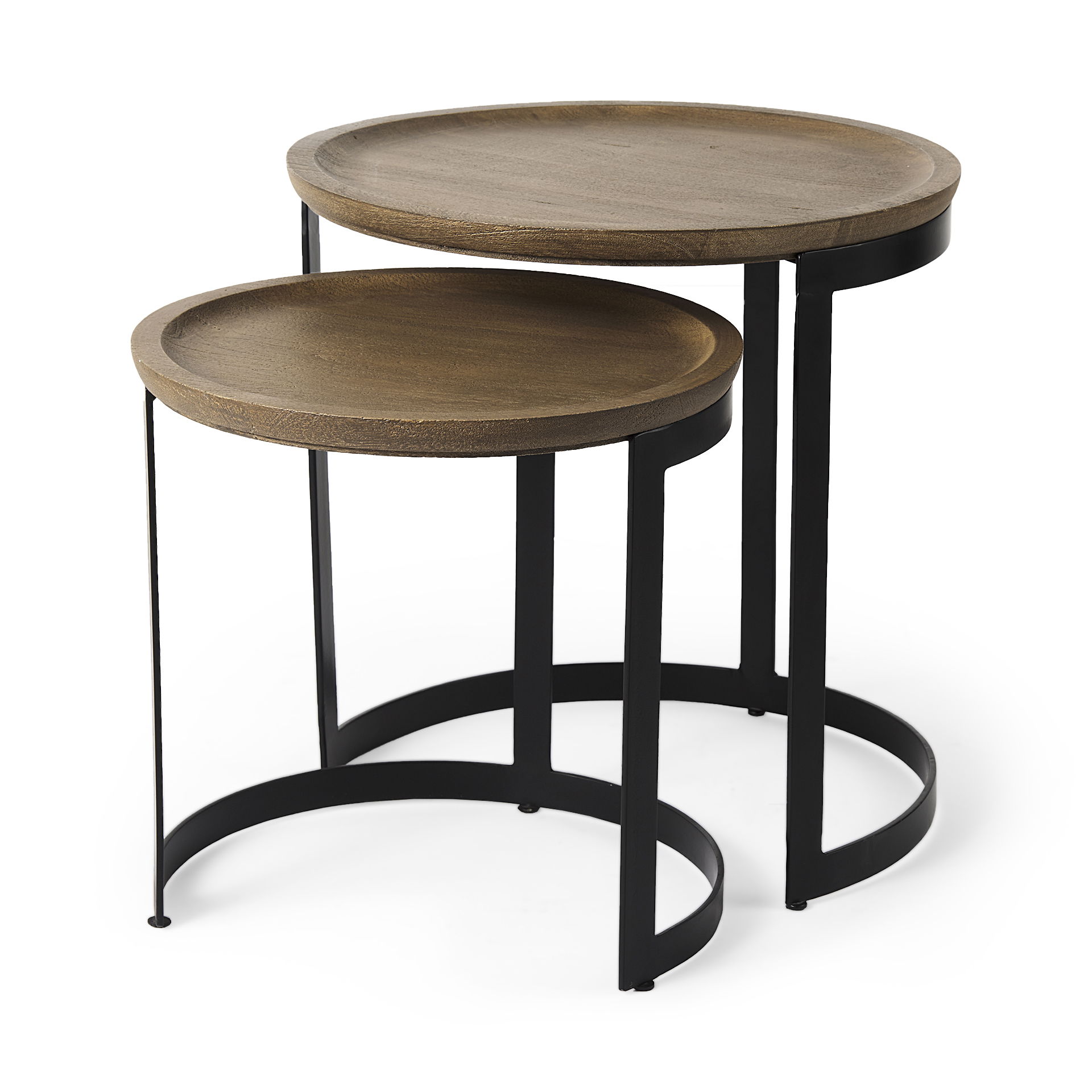 Aisley (Set of 2) 19.3L x 19.3W x 19H Light Brown Wood with Black Metal Base Round Nesting Side Tables large image 