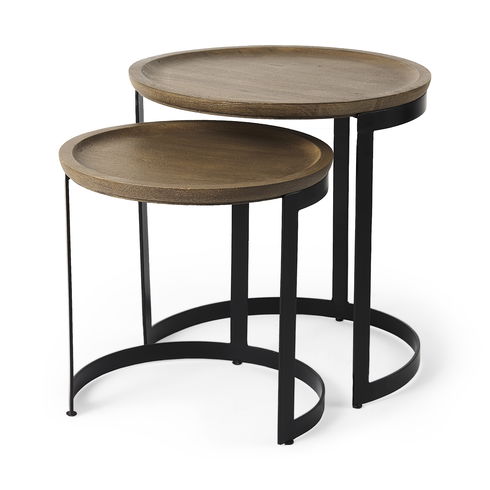 Aisley (Set of 2) 19.3L x 19.3W x 19H Light Brown Wood with Black Metal Base Round Nesting Side Tables