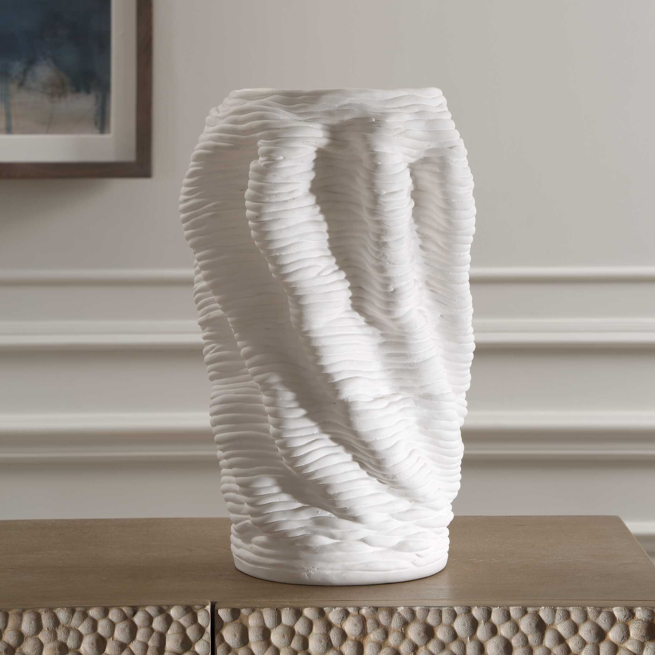 Stratified Matte White Vase, Decorative by Uttermost, 9" width x 13.75" height x 9" depth View 3